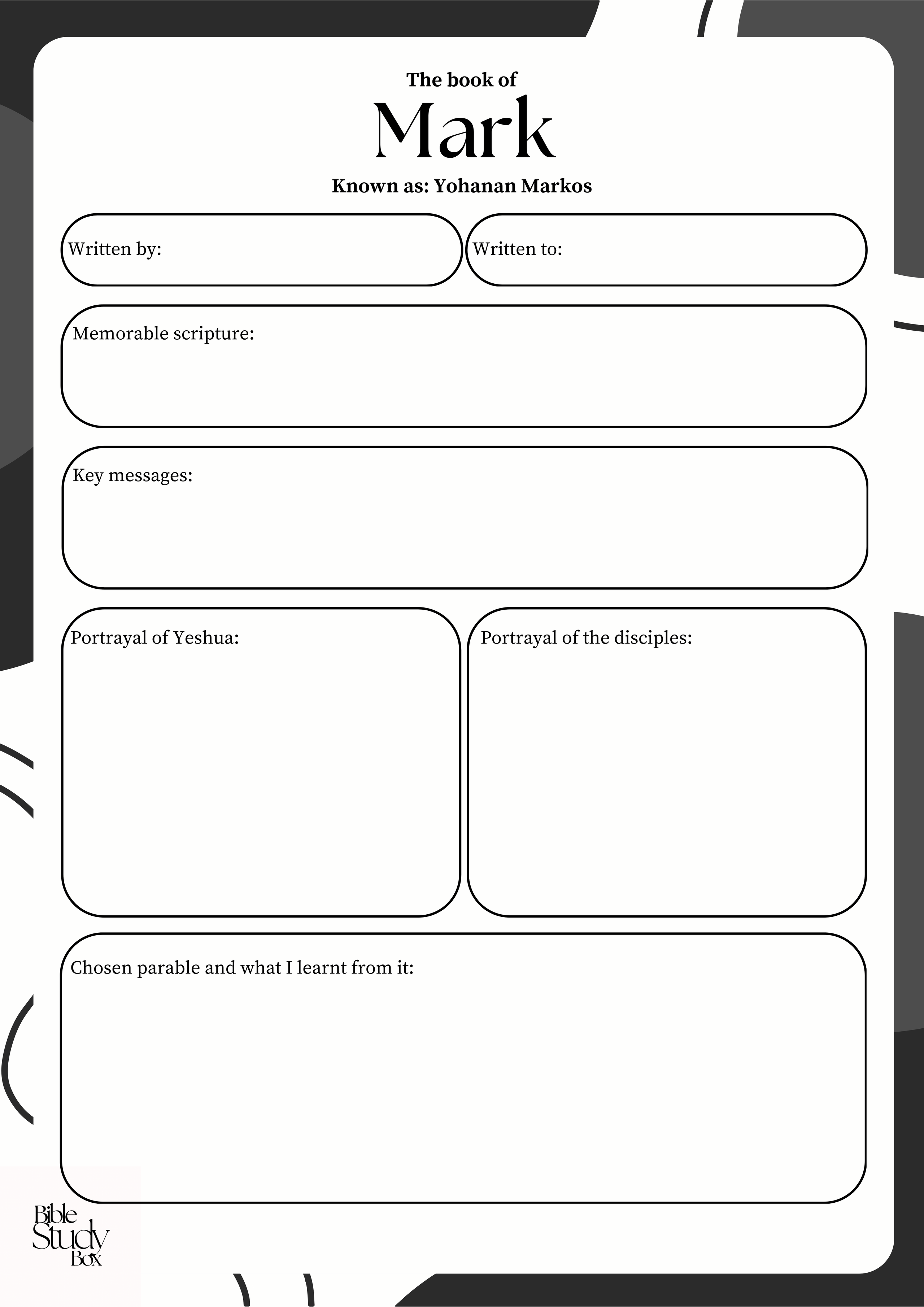 The book of mark worksheet bible study box